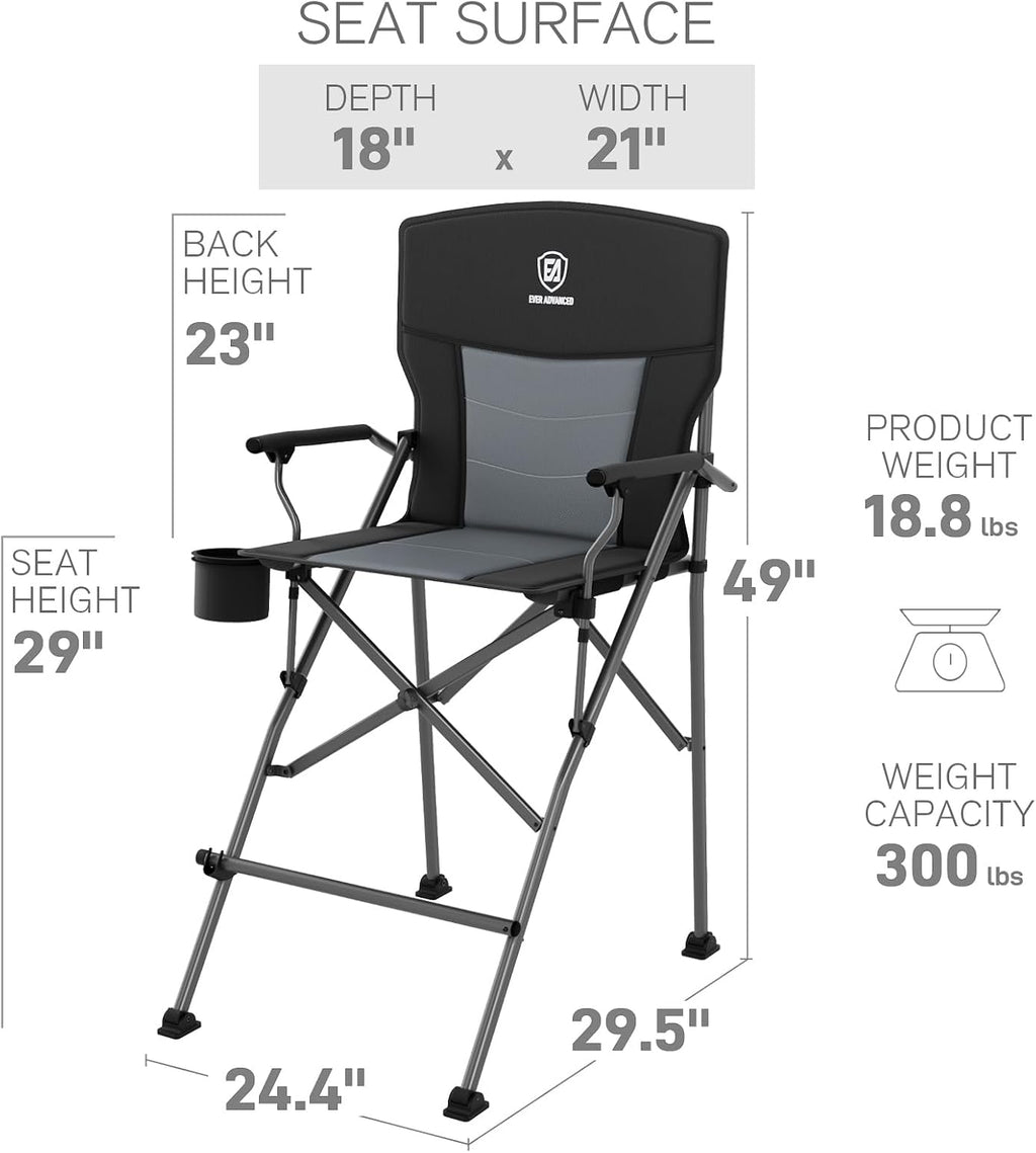 EVER ADVANCED Tall Camping Directors Chair with Cup Holder 31", Bar Height Folding Chair for Camping, Sports with Carry Bag, Mesh Pockets and Footrest, Heavy Duty 300 lbs, Black