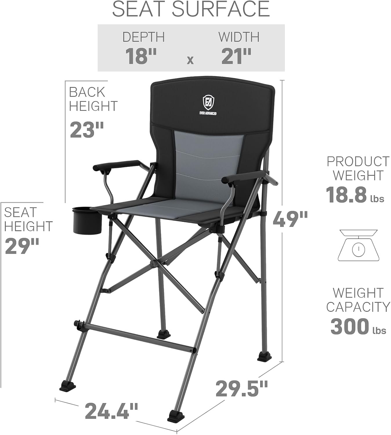 EVER ADVANCED Tall Camping Directors Chair with Cup Holder 31", Bar Height Folding Chair for Camping, Sports with Carry Bag, Mesh Pockets and Footrest, Heavy Duty 300 lbs, Black
