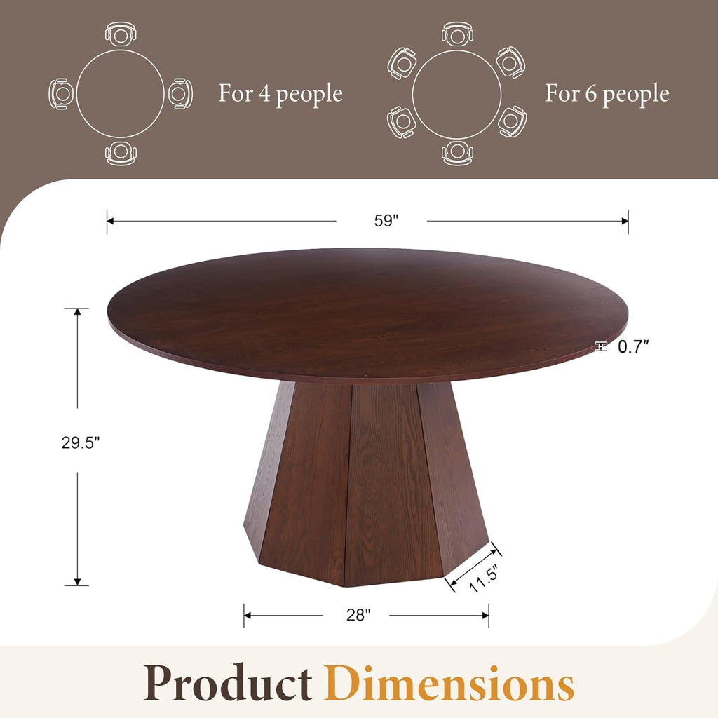 CIMOTA 59'' Round Dining Table for 4-6, Modern Pedestal Kitchen Table Circle Wood Walnut Grain Finish Grain Tabletop Dinner Table Kitchen Table, Walnut Wood