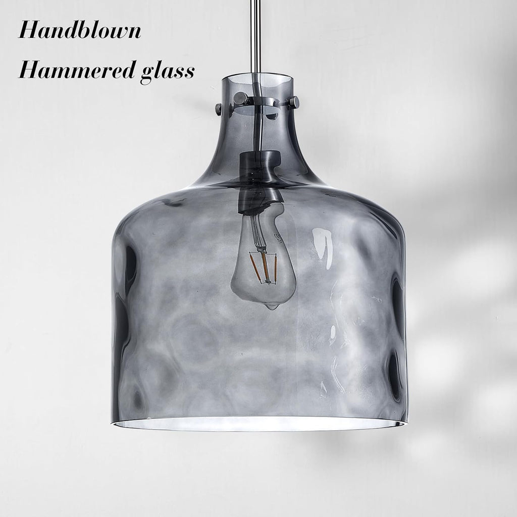 CATINER 16" Extra Large Farmhouse Pendant Light – Hand-Blown Smoked Gray Hammered Glass Shade, Polished Chrome Finish, Adjustable Chain Hanging Light Fixture for Kitchen Island, Dining Room, Hallway