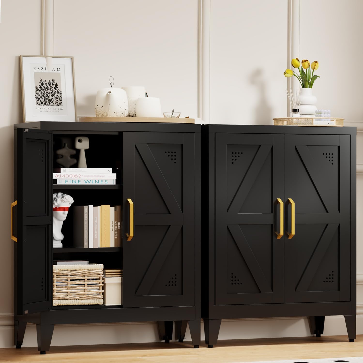 32" Metal Kitchen Pantry Cabinet,Floor Bathroom Storage Cabinet with 2 Adjustable Shelves,Freestanding Sideboard for Small Spaces, Living Room, Hallway, Dining Room,Black