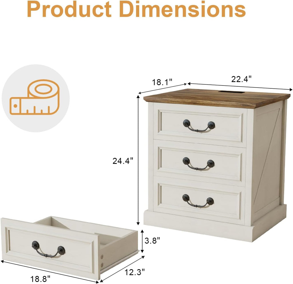 MUUEGM Night Stand with Charging Station Set of 2 Rustic White Bedside End Tables with 3 Large Storage Drawers & Vintage Handles Dresser Chest of Drawers for Bedroom, Living Room, Closet