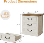 MUUEGM Night Stand with Charging Station Set of 2 Rustic White Bedside End Tables with 3 Large Storage Drawers & Vintage Handles Dresser Chest of Drawers for Bedroom, Living Room, Closet