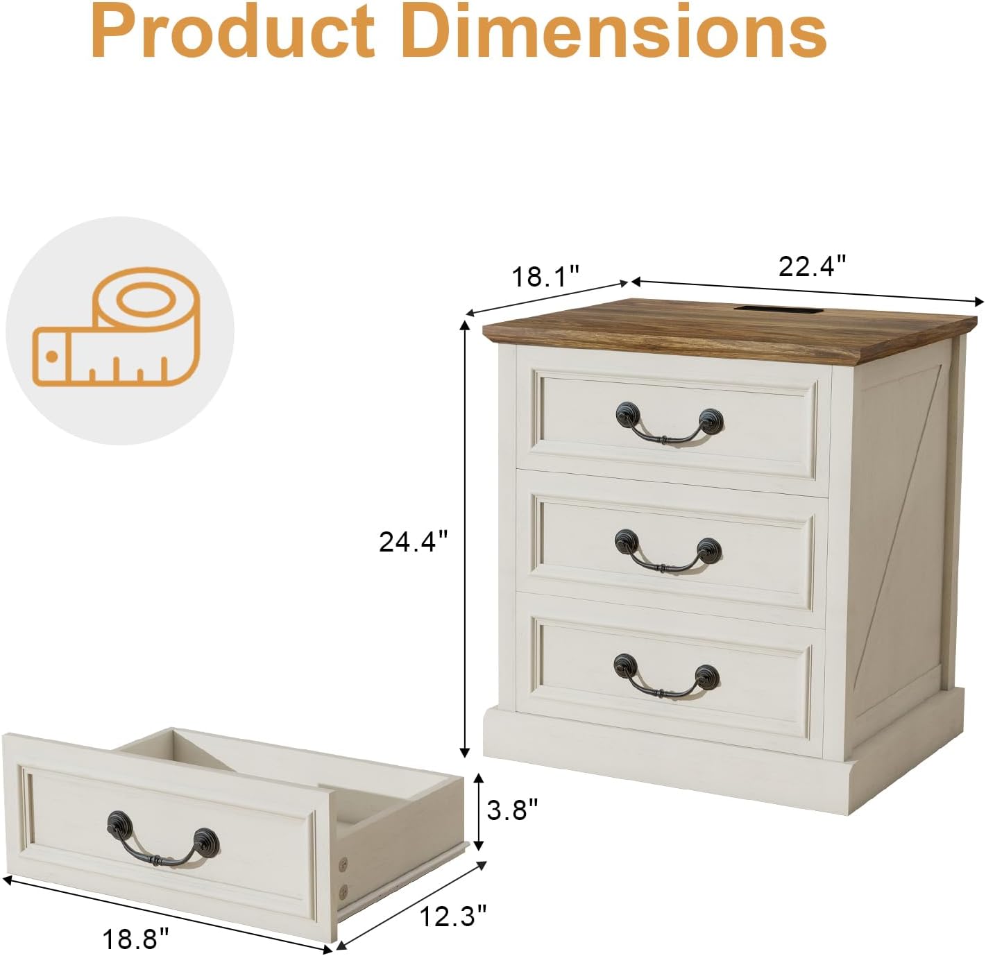 MUUEGM Night Stand with Charging Station Set of 2 Rustic White Bedside End Tables with 3 Large Storage Drawers & Vintage Handles Dresser Chest of Drawers for Bedroom, Living Room, Closet