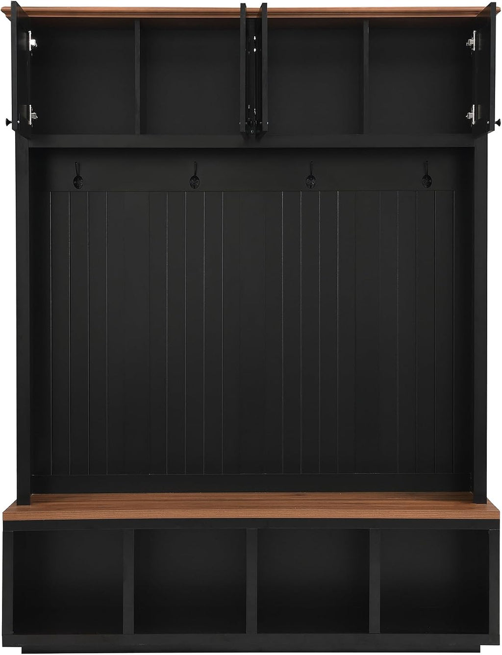 VilroCaz Modern 59''W Hall Tree with Bench and Storage, Farmhouse Wood-grain Accent 4-in-1 Hall Tree with Top Cabinets, Coat Racks and Hooks for Hallway Living Room Mudroom (Black-4DM)