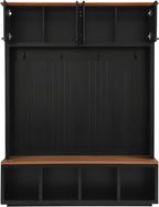VilroCaz Modern 59''W Hall Tree with Bench and Storage, Farmhouse Wood-grain Accent 4-in-1 Hall Tree with Top Cabinets, Coat Racks and Hooks for Hallway Living Room Mudroom (Black-4DM)