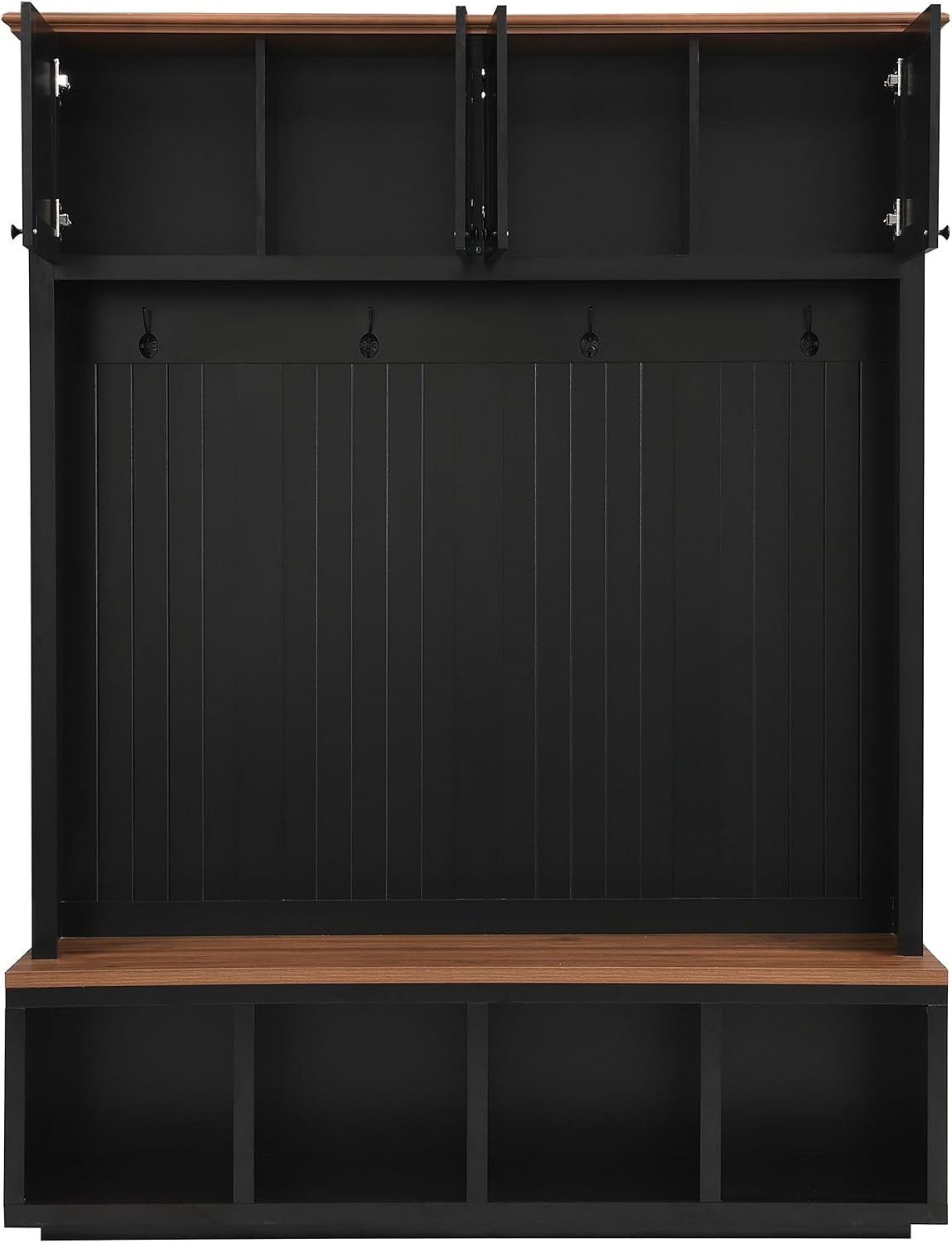 VilroCaz Modern 59''W Hall Tree with Bench and Storage, Farmhouse Wood-grain Accent 4-in-1 Hall Tree with Top Cabinets, Coat Racks and Hooks for Hallway Living Room Mudroom (Black-4DM)