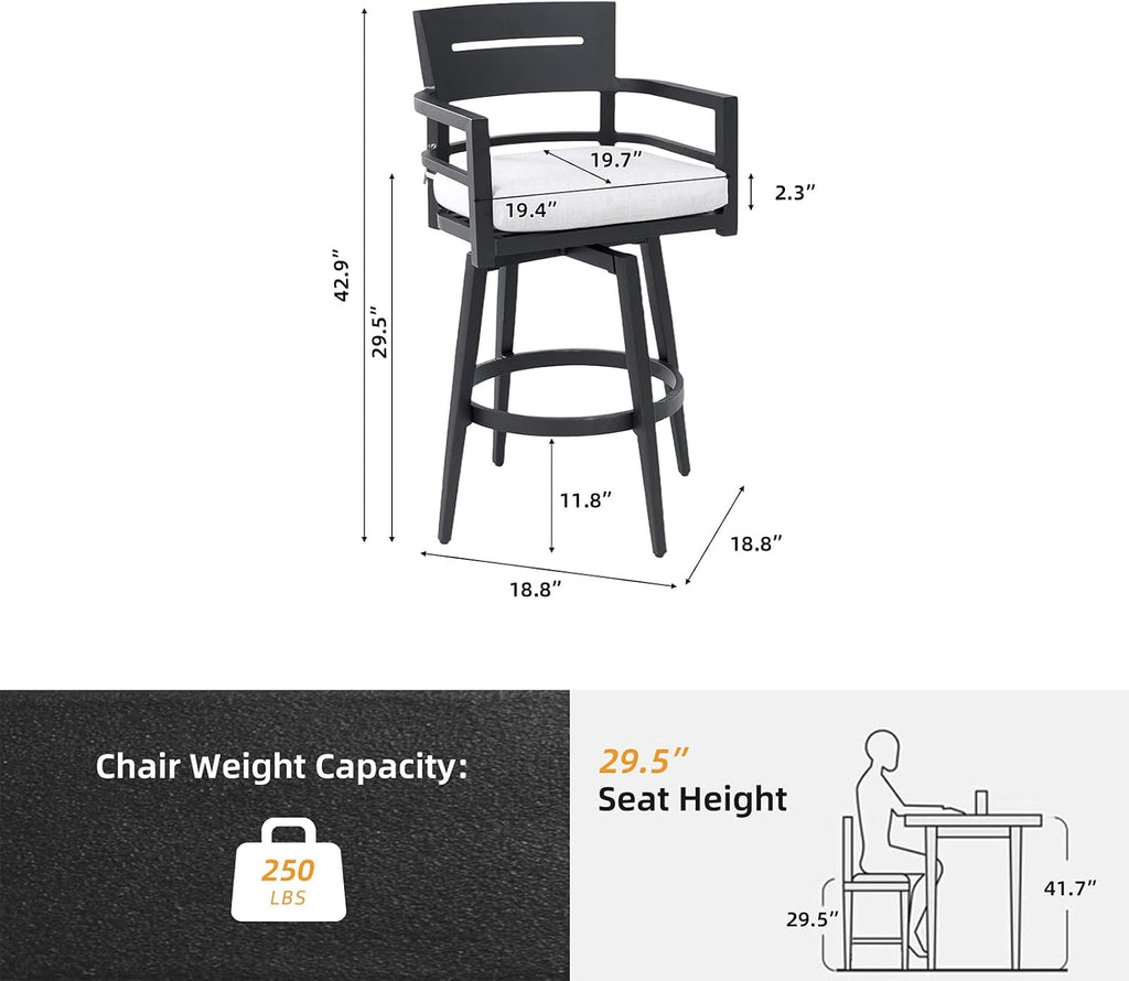 Modern Outdoor Bar Stools Set of 2 Swivel Patio Bar Chairs with 360° Rotation and Cushion with Sunbrella Fabric Weather-Resistant Aluminum Frame Patio Bar Stool for Deck Garden