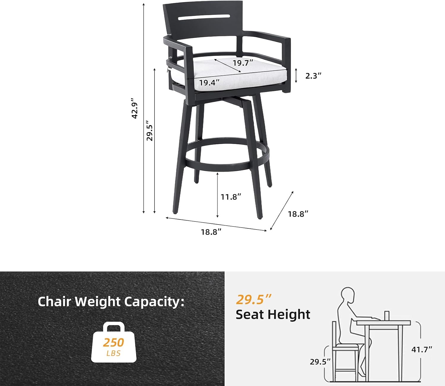 Modern Outdoor Bar Stools Set of 2 Swivel Patio Bar Chairs with 360° Rotation and Cushion with Sunbrella Fabric Weather-Resistant Aluminum Frame Patio Bar Stool for Deck Garden