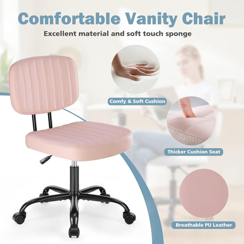 DUMOS Armless Home Office Executive Chair - Small Desk Chair with Low Back Lumbar Support, Height Adjustable PU Leather Computer Task Chair with 360° Swivel Wheels, for Adults, Pink