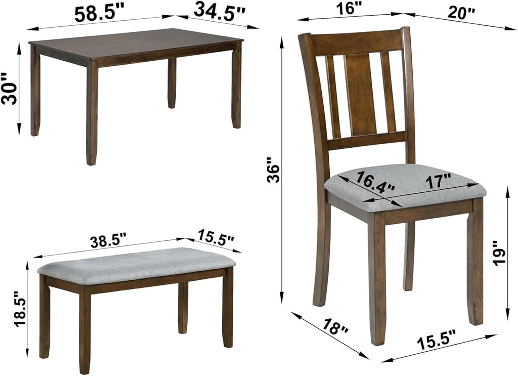 6-Piece Dining Table Set for 6, Counter Height Kitchen Set with Rectangular Wooden Table, Bench & 4 Chairs, Living Room Chairs with Comfortable Seating, Dining Table & Chair for Home, Walnut
