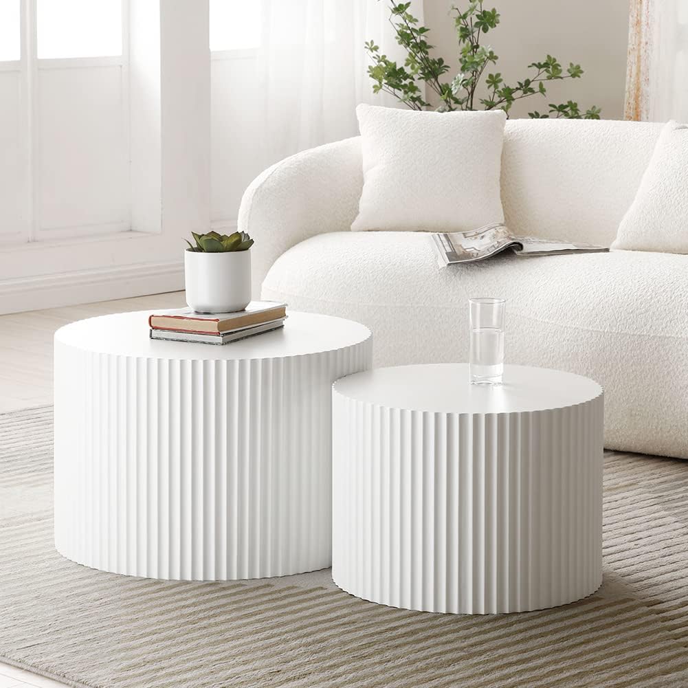 White Round Coffee Table Nesting Coffee Table Set of 2 Contemporary Circle Coffee Table Fluted Side Tables End Table for Living Room Office