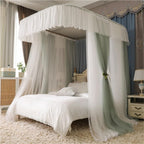 U-Shaped Rail Canopy Bed with Metal Frame, Double Layer Bed Mosquito Net for Bedroom Decoration, Lace Design Curtains Canopy for Twin, Full, Queen Beds(Green,Small)