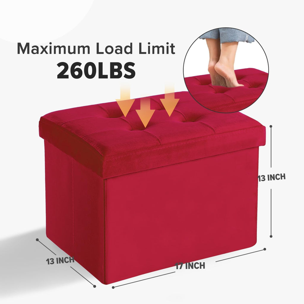LINMAGCO Storage Ottoman Folding Foot Stool Velvet Foot Rest with Padded Modern Ottoman with Storage for Living Room Puppy Step Stool 17x13x13in(Neon Red)