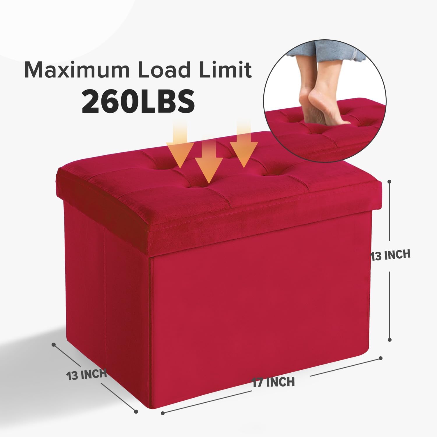 LINMAGCO Storage Ottoman Folding Foot Stool Velvet Foot Rest with Padded Modern Ottoman with Storage for Living Room Puppy Step Stool 17x13x13in(Neon Red)