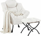 Cozy Lazy Chair and Ottoman, Large Contemporary Peach Beige Accent Chair Set, Leisure Upholstered Reading Armchair for Bedroom, Living Room, Dorm Rooms, Office, Balcony