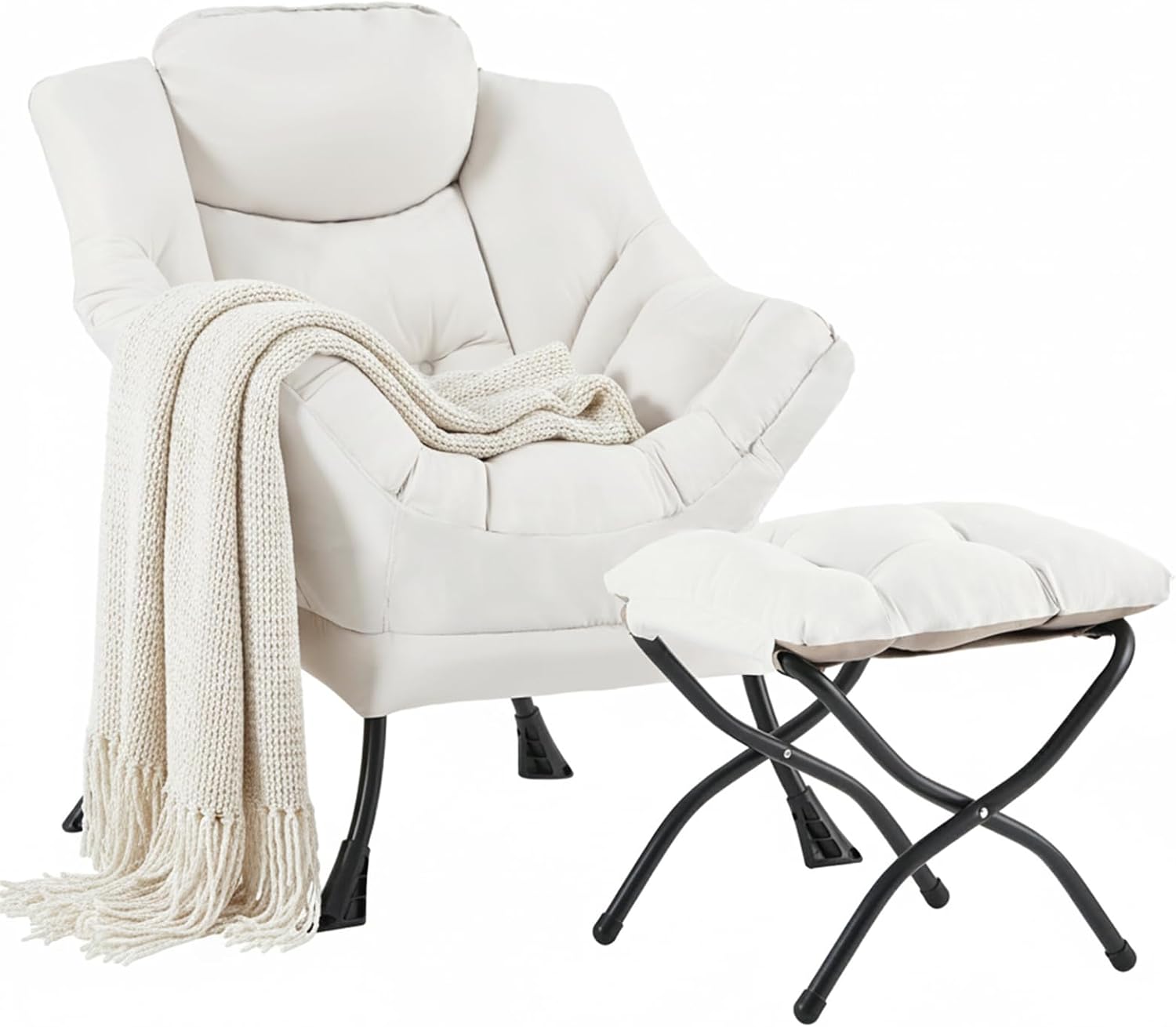 Cozy Lazy Chair and Ottoman, Large Contemporary Peach Beige Accent Chair Set, Leisure Upholstered Reading Armchair for Bedroom, Living Room, Dorm Rooms, Office, Balcony