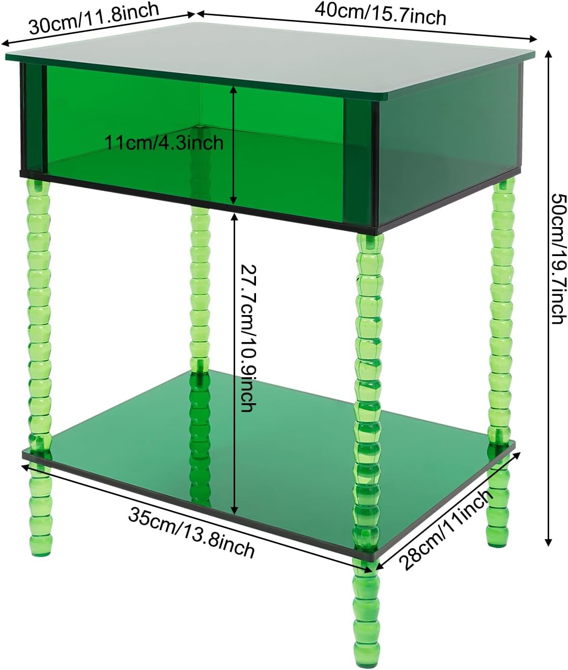 Acrylic Side Table, 3-Tier End Table with Storage, 15.7" L x 11.8" W 19.7" H, Small Modern Bedside Tables Nightstand, Home Decor Accent Table for Living Room Bedroom Office (Grass-Green, Rectangular)