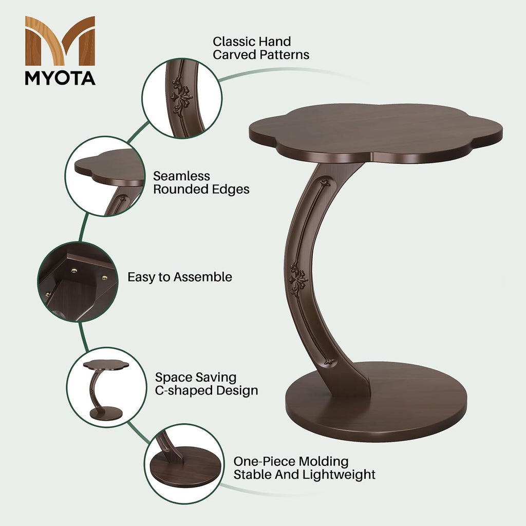 C-Shaped End Table for Couch - Round Small C Side Table, Flower Handmade Wood Sofa Couch Tables That Slide Under Bedside, Saving Space Wooden Tray for Living Room, Small Space, (Dark Walnut)