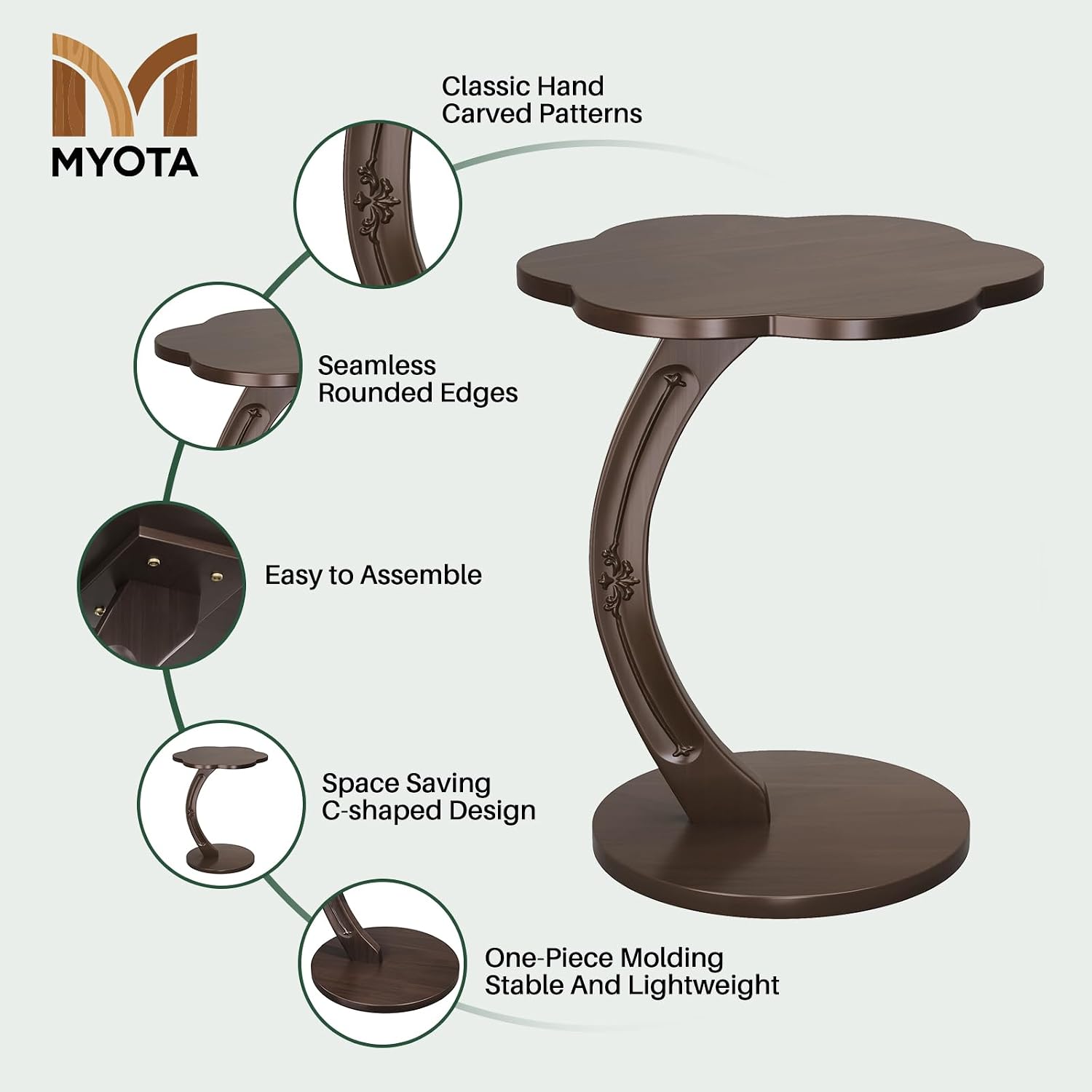 C-Shaped End Table for Couch - Round Small C Side Table, Flower Handmade Wood Sofa Couch Tables That Slide Under Bedside, Saving Space Wooden Tray for Living Room, Small Space, (Dark Walnut)