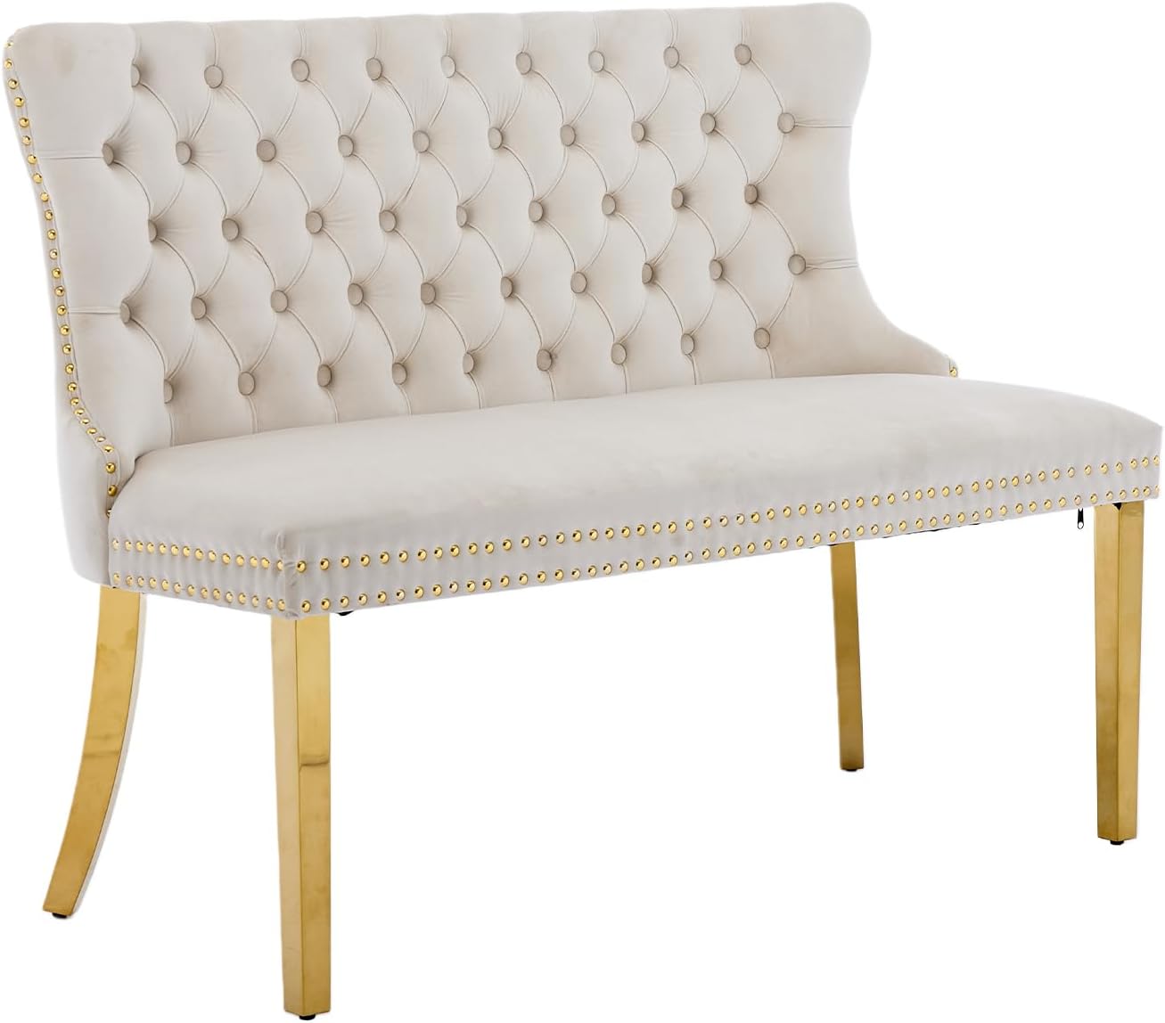 Shenyon Velvet Upholstered Dining Bench with Back, Tufted Loveseat Bench with Gold Stainless Steel Legs and Nailhead Trim, Banquette Seating for Dining Room, Kitchen, Entryway (Beige, Dining Bench)