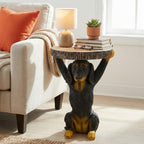 Dog Side Table - 22.17 Inch Black Dog Statue Pedestal End Table with Faux Wood Grain Top, Hand Painted Accent Stool for Living Room Office Patio Garden Outdoor Decor