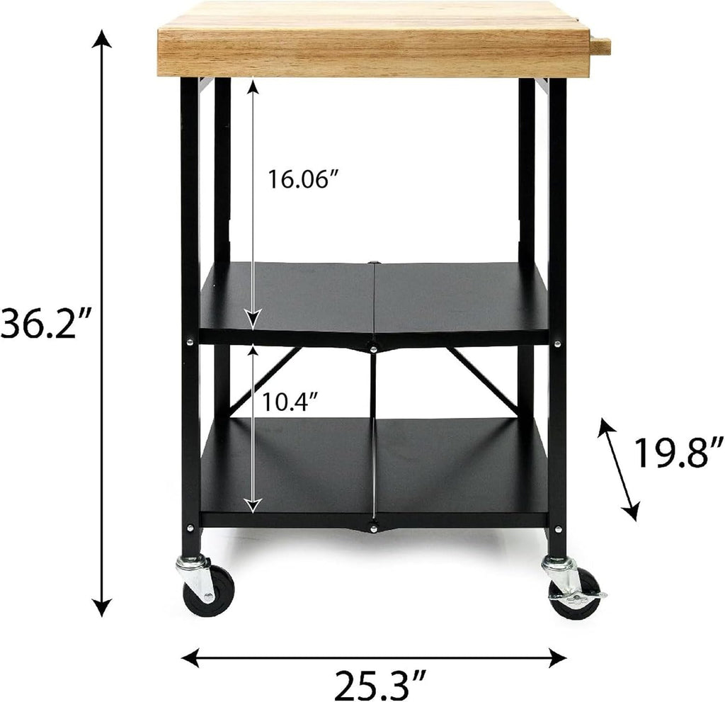 Origami RBT Series Steel-Frame Folding Kitchen Cart with Wheels, 3-Tier Shelves, Black - 200 lbs Capacity, Pre-Assembled Foldable Rolling Island, Portable for Indoor and Outdoor Use
