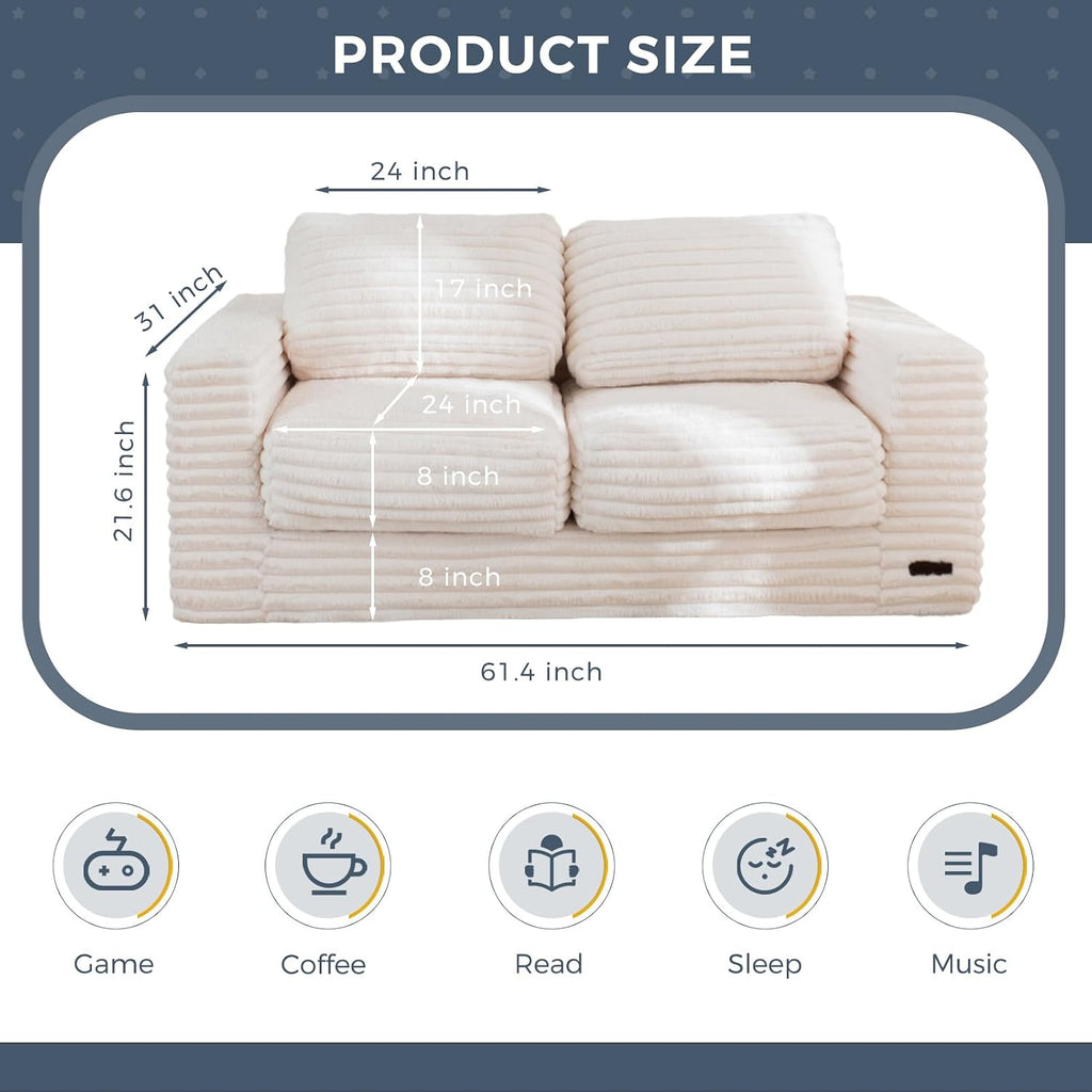 MAXYOYO Bean Bag Chair for Adults, Upholstered Loveseat Floor Sofa with Pillows and Armrests, Large Bean Bag Sofa Plush Couch for Bedroom Living Room, White