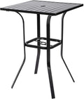 Patio Bar Table, Outdoor Bar Height Bistro Table with Umbrella Hole, Metal Frame and Slat Design (Black)