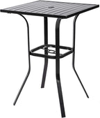 Patio Bar Table, Outdoor Bar Height Bistro Table with Umbrella Hole, Metal Frame and Slat Design (Black)