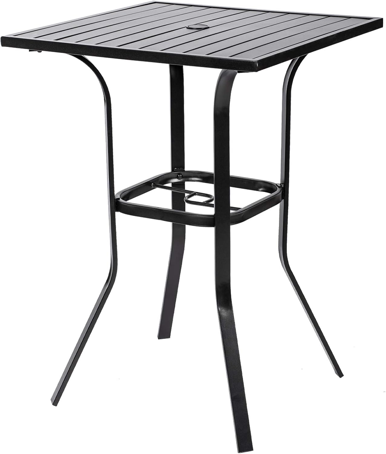 Patio Bar Table, Outdoor Bar Height Bistro Table with Umbrella Hole, Metal Frame and Slat Design (Black)