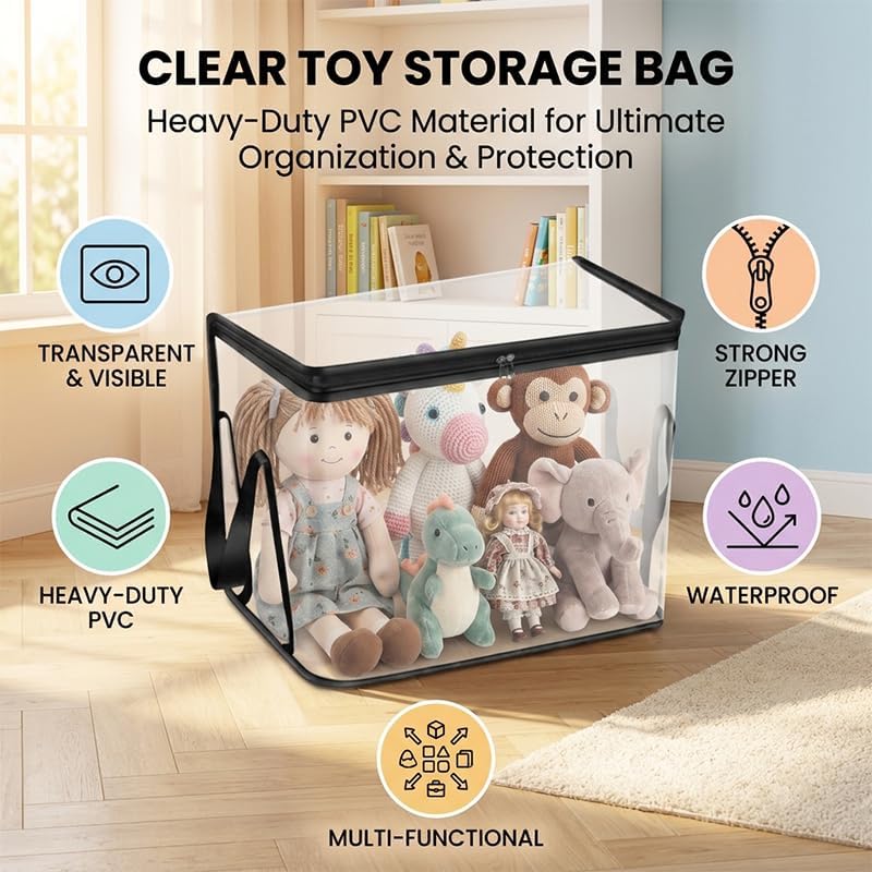 3 Pack Extra Large Clear Storage Bags with Zipper and Handles - Heavy Duty Waterproof PVC Storage Organizer for Clothes, Blankets, Bedding, Toys & Moving, Transparent Foldable (black, Large)