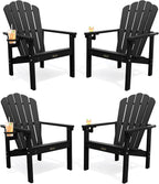 THOEOE Stackable Adirondack Chair Set of 4, HDPE All-Weather Adirondack Chairs - Durable and Space Saving, Plastic Outdoor Fire Pit Chairs with Cup Holder,Black