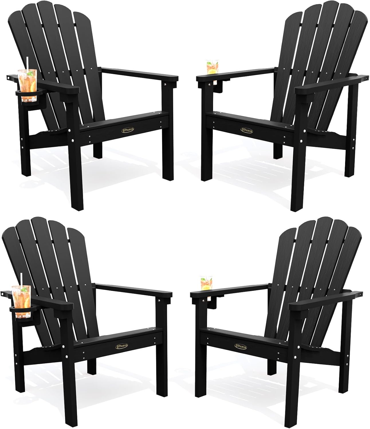 THOEOE Stackable Adirondack Chair Set of 4, HDPE All-Weather Adirondack Chairs - Durable and Space Saving, Plastic Outdoor Fire Pit Chairs with Cup Holder,Black