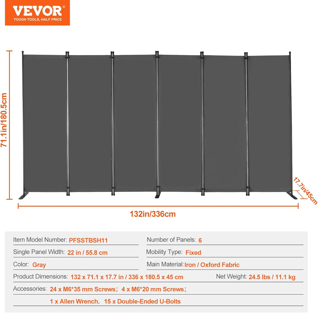 VEVOR Room Divider, 6 Panel Room Divider, Folding Privacy Screen and Portable Partition Divider for Room Separation, Freestanding Room Partitions for Office, Bedroom, Study, Grey