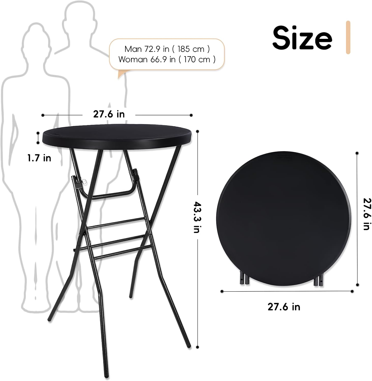pollilar Cocktail Table 28in Portable Folding Bar Height Table, Compact Round High Top Plastic & Steel Bistro with Removable Legs, Indoor Outdoor RV Patio Catering Parties Commercial Events-Black