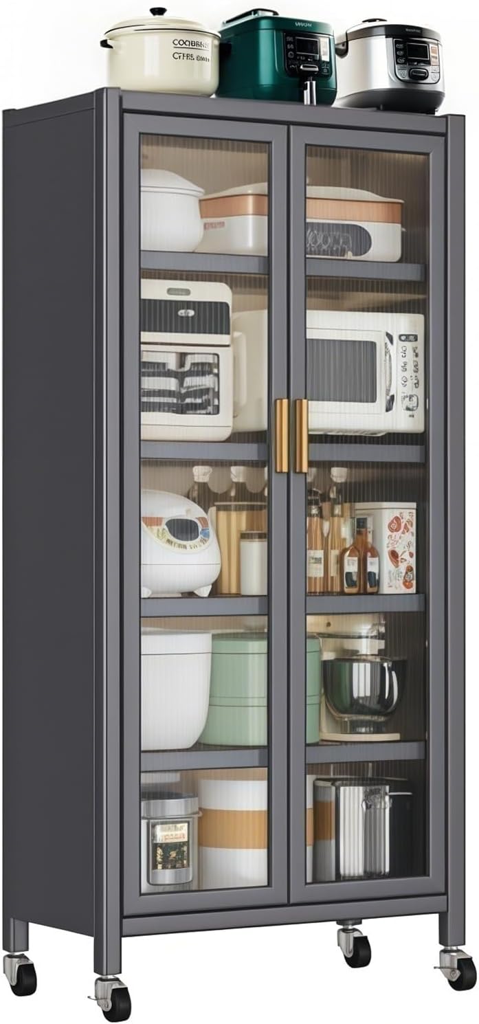 65" Kitchen Pantry Cabinet with Wheels & Adjustable Shelves, 6-Tier Metal Storage Cabinet with Transparent Doors for Kitchen, Dining Room, Living Room(Gray)