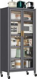 65" Kitchen Pantry Cabinet with Transparent Door – 6-Tier Metal Storage Cabinet for Food, Adjustable Shelves & Wheels, Freestanding Pantry Organizer for Kitchen, Dining Room, Living Room， Gray
