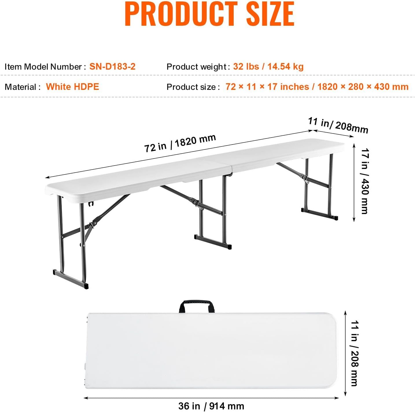 2-Pack 6FT 4cm Thick HDPE Folding Benches for Indoor/Outdoor, Picnic, Party, Camping Events, Smooth White