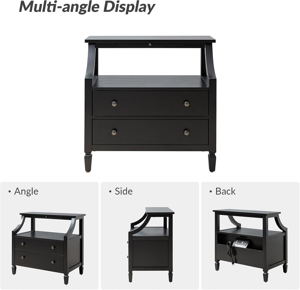 Transitional End Table with Charging Station & Pull-Out Tray, 2 Drawer & Open Shelf Storage Side Table, Adjustable Feet Wood Table for Living Room, Black