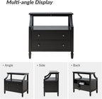 Transitional End Table with Charging Station & Pull-Out Tray, 2 Drawer & Open Shelf Storage Side Table, Adjustable Feet Wood Table for Living Room, Black