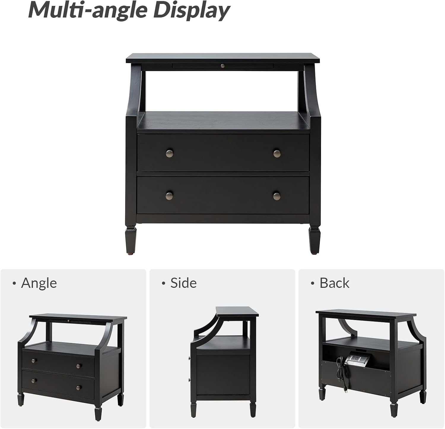 Transitional End Table with Charging Station & Pull-Out Tray, 2 Drawer & Open Shelf Storage Side Table, Adjustable Feet Wood Table for Living Room, Black