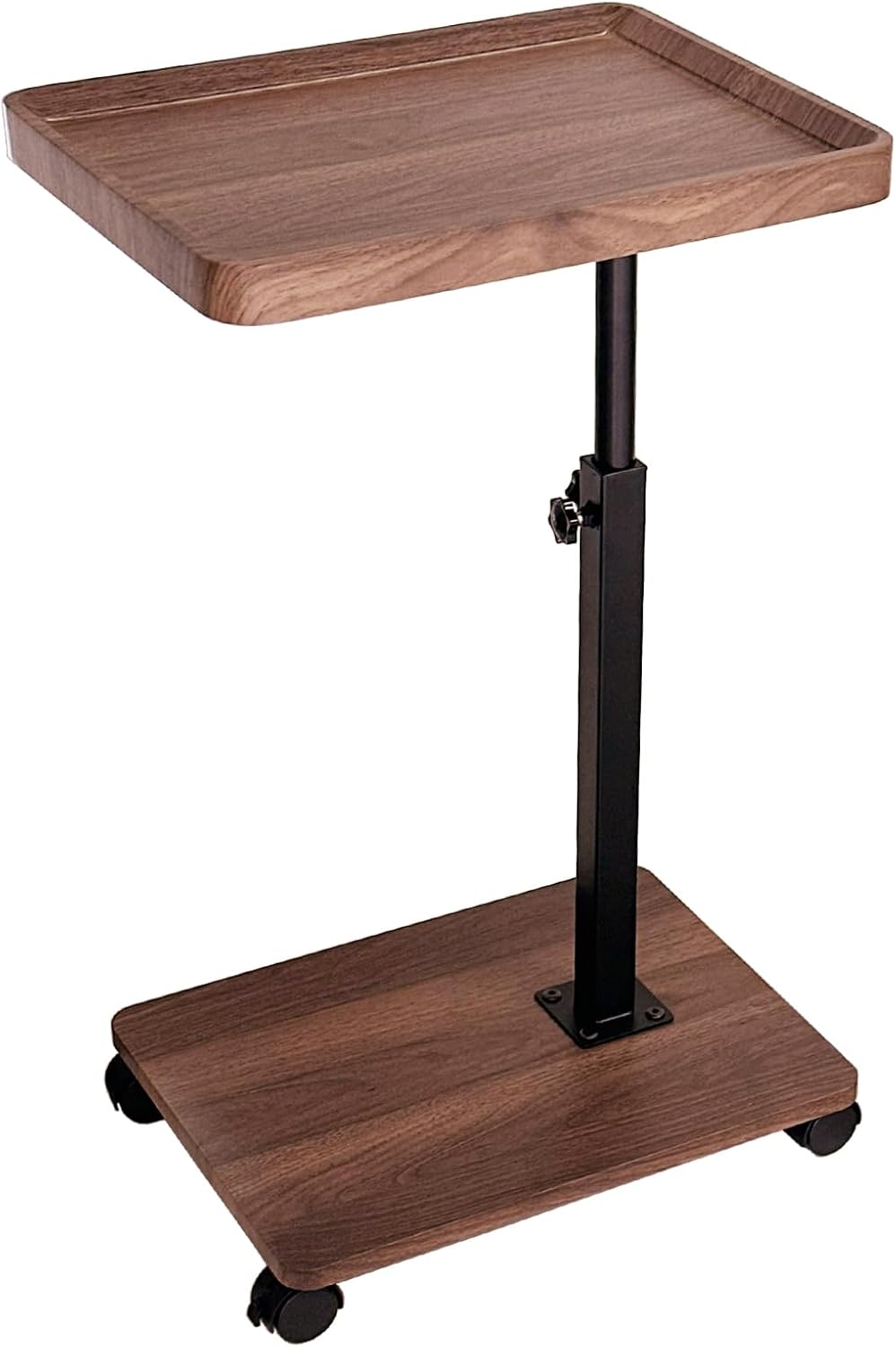 C Shaped End Table Adjustable Height, 360°Swivel TV Tray Table, Walnut Brown Movable Side Table with Sliding Wheels for Living Room, Bedroom, Couch, Bed, Chair, Snack