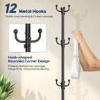 Coat Rack Freestanding, Black Coat Rack with Umbrella Holder, standing hat rack umbrella stand for entryway, coat hanger stand with 12 Hooks, office coat tree for Hat, Umbrella, jacket, Bag, Clothes