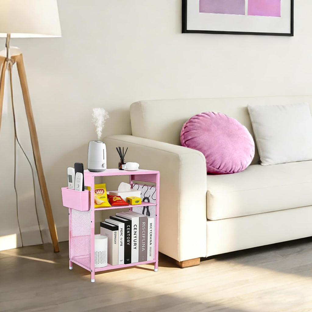 Pink Small Nightstand, Kids Nightstand for Bedroom, End Table with Hooks and Holder, Toddler Bedside Table for Girls, Desk Organizer for Office, Dorm (Pink)