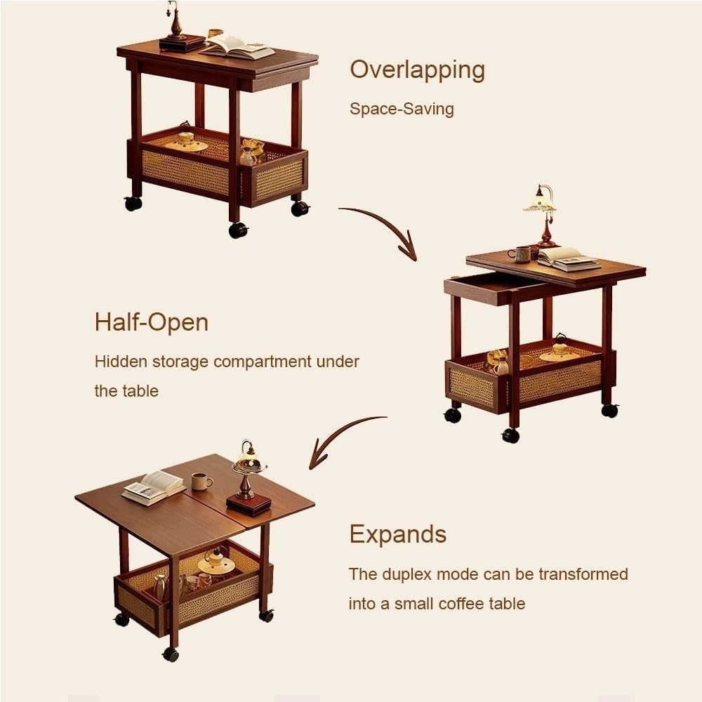 Expandable Wooden Coffee Table with Wheels Side Table with Storage Basket Removable Tabletop Rolling Cart for Living Room Lightweight