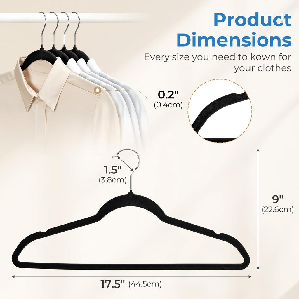 Smartor Black Velvet Hangers 50 Pack, Non Slip Clothes Hangers with Shoulder Notches, Premium Slim Space Saving Felt Hanger for Closet Organizers and Storage, Heavy Duty Hanger for Coat