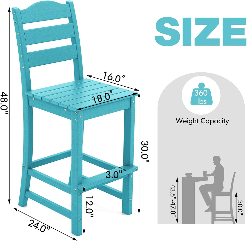 Giantex Outdoor HDPE Bar Stool, Patio Tall Bar Chair with Backrest and Footrest, 30 Inches Counter Height Barstools for Garden, Backyard, Weather Resistance, Easy Maintenance(2, Turquoise)