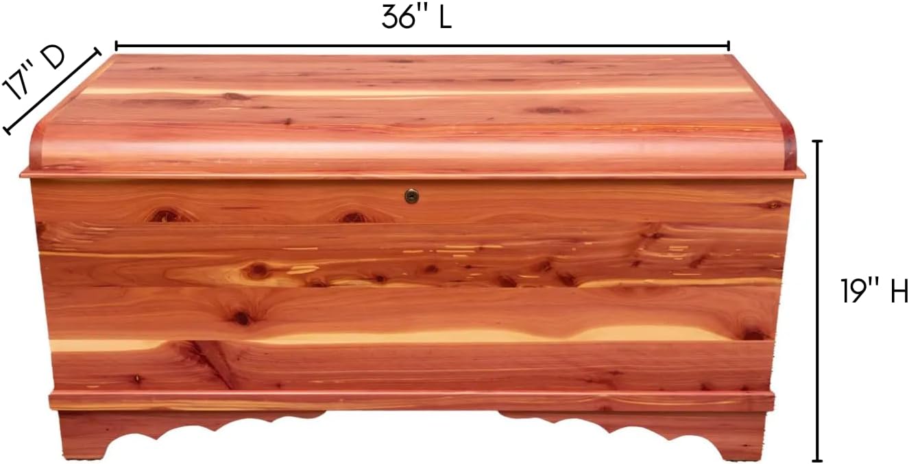 Rustic Red Door Co. Cedar Hope Chest with Waterfall Top and Tray, Amish Made Wooden Storage Trunk Box for Bedroom, Blanket, Clothes, Anti-Slam Hinges and Lock, Cedar Wood, Natural Stain, 36" Long