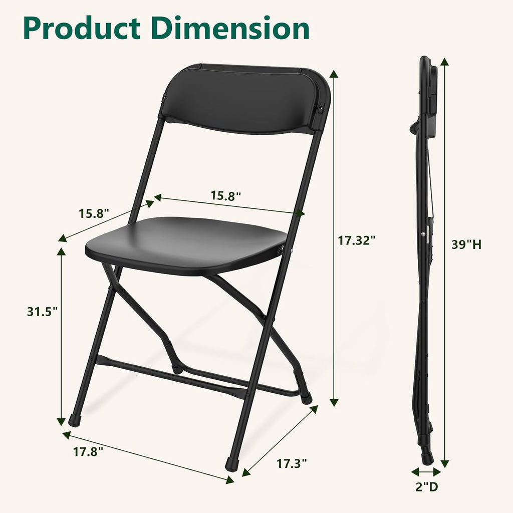 Folding Chairs 4 Pack, Outdoor Plastic Sturdy Metal Folding Chairs for Outside Indoor, Portable 350 lbs Capacity Heavy Duty Foldable Commercial Seating for Picnic, Party, Patio, Office, Black Color